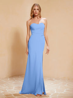 Strapless Long Sheath Chiffon Gown with Slit Blue