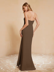Strapless Long Sheath Chiffon Gown with Slit Brown