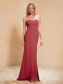 Strapless Long Sheath Chiffon Gown with Slit Burgundy