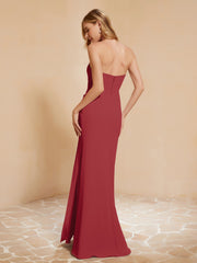 Strapless Long Sheath Chiffon Gown with Slit Burgundy