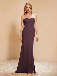 Strapless Long Sheath Chiffon Gown with Slit Cabernet