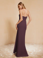 Strapless Long Sheath Chiffon Gown with Slit Cabernet