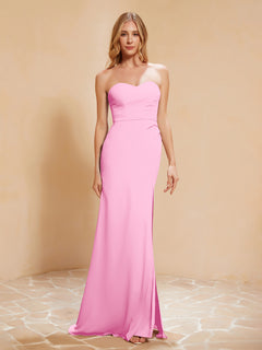 Strapless Long Sheath Chiffon Gown with Slit Candy Pink