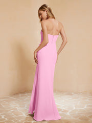 Strapless Long Sheath Chiffon Gown with Slit Candy Pink