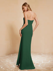 Strapless Long Sheath Chiffon Gown with Slit Dark Green