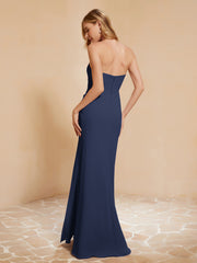 Strapless Long Sheath Chiffon Gown with Slit Dark Navy