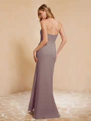 Strapless Long Sheath Chiffon Gown with Slit Dusk