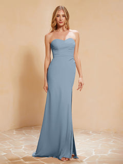 Strapless Long Sheath Chiffon Gown with Slit Dusty Blue