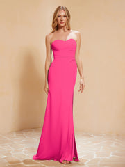 Strapless Long Sheath Chiffon Gown with Slit Fuchsia