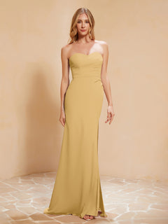 Strapless Long Sheath Chiffon Gown with Slit Gold