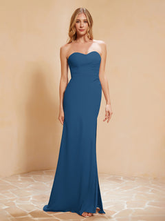 Strapless Long Sheath Chiffon Gown with Slit Ink Blue