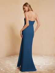 Strapless Long Sheath Chiffon Gown with Slit Ink Blue