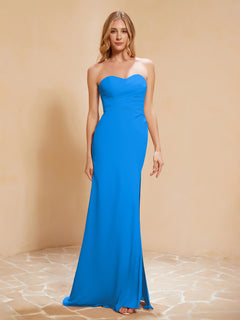 Strapless Long Sheath Chiffon Gown with Slit Ocean Blue