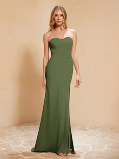 Strapless Long Sheath Chiffon Gown with Slit Olive Green