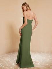 Strapless Long Sheath Chiffon Gown with Slit Olive Green