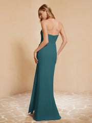 Strapless Long Sheath Chiffon Gown with Slit Peacock