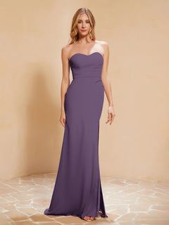 Strapless Long Sheath Chiffon Gown with Slit Plum