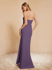 Strapless Long Sheath Chiffon Gown with Slit Plum