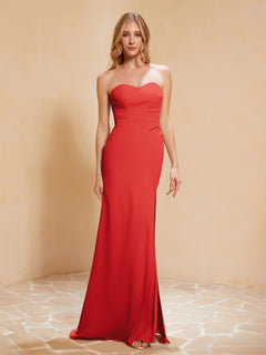 Strapless Long Sheath Chiffon Gown with Slit Red