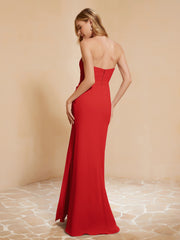 Strapless Long Sheath Chiffon Gown with Slit Red