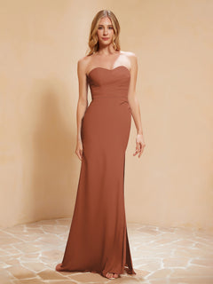 Strapless Long Sheath Chiffon Gown with Slit Rust