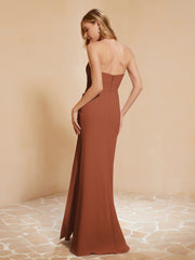 Strapless Long Sheath Chiffon Gown with Slit Rust