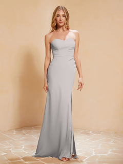 Strapless Long Sheath Chiffon Gown with Slit Silver