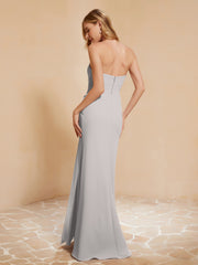 Strapless Long Sheath Chiffon Gown with Slit Silver