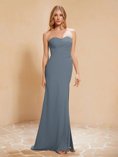 Strapless Long Sheath Chiffon Gown with Slit Slate Blue