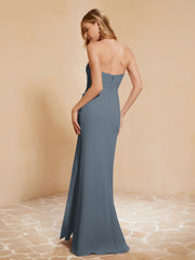 Strapless Long Sheath Chiffon Gown with Slit Slate Blue