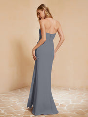 Strapless Long Sheath Chiffon Gown with Slit Steel Grey