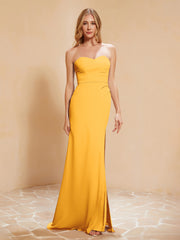 Strapless Long Sheath Chiffon Gown with Slit Tangerine