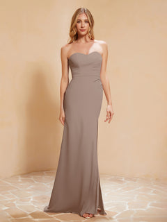 Strapless Long Sheath Chiffon Gown with Slit Taupe