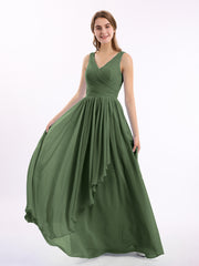 CASCADE SKIRT Long Chiffon Gowns with V Neck Olive Green
