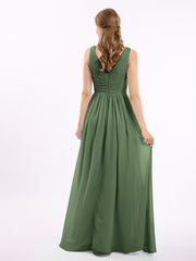 CASCADE SKIRT Long Chiffon Gowns with V Neck Olive Green