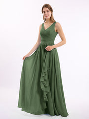 CASCADE SKIRT Long Chiffon Gowns with V Neck Olive Green