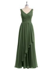 CASCADE SKIRT Long Chiffon Gowns with V Neck Olive Green