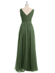 CASCADE SKIRT Long Chiffon Gowns with V Neck Olive Green