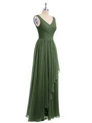 CASCADE SKIRT Long Chiffon Gowns with V Neck Olive Green