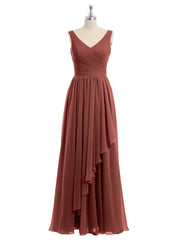 CASCADE SKIRT Long Chiffon Gowns with V Neck Terracotta