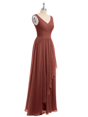 CASCADE SKIRT Long Chiffon Gowns with V Neck Terracotta
