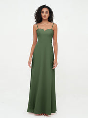 Spaghetti Straps Long Chiffon Dresses Olive Green