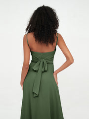 Spaghetti Straps Long Chiffon Dresses Olive Green