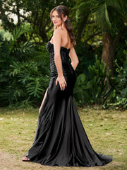 Strapless Sweep/Brush Train Maxi Dress with Slit Black