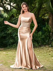 Strapless Sweep/Brush Train Maxi Dress with Slit Champagne