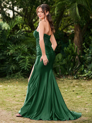 Strapless Sweep/Brush Train Maxi Dress with Slit Dark Green