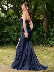 Strapless Sweep/Brush Train Maxi Dress with Slit Dark Navy