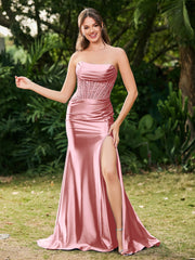 Strapless Sweep/Brush Train Maxi Dress with Slit Dusty Rose