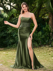 Strapless Sweep/Brush Train Maxi Dress with Slit Olive Green