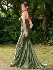 Strapless Sweep/Brush Train Maxi Dress with Slit Olive Green